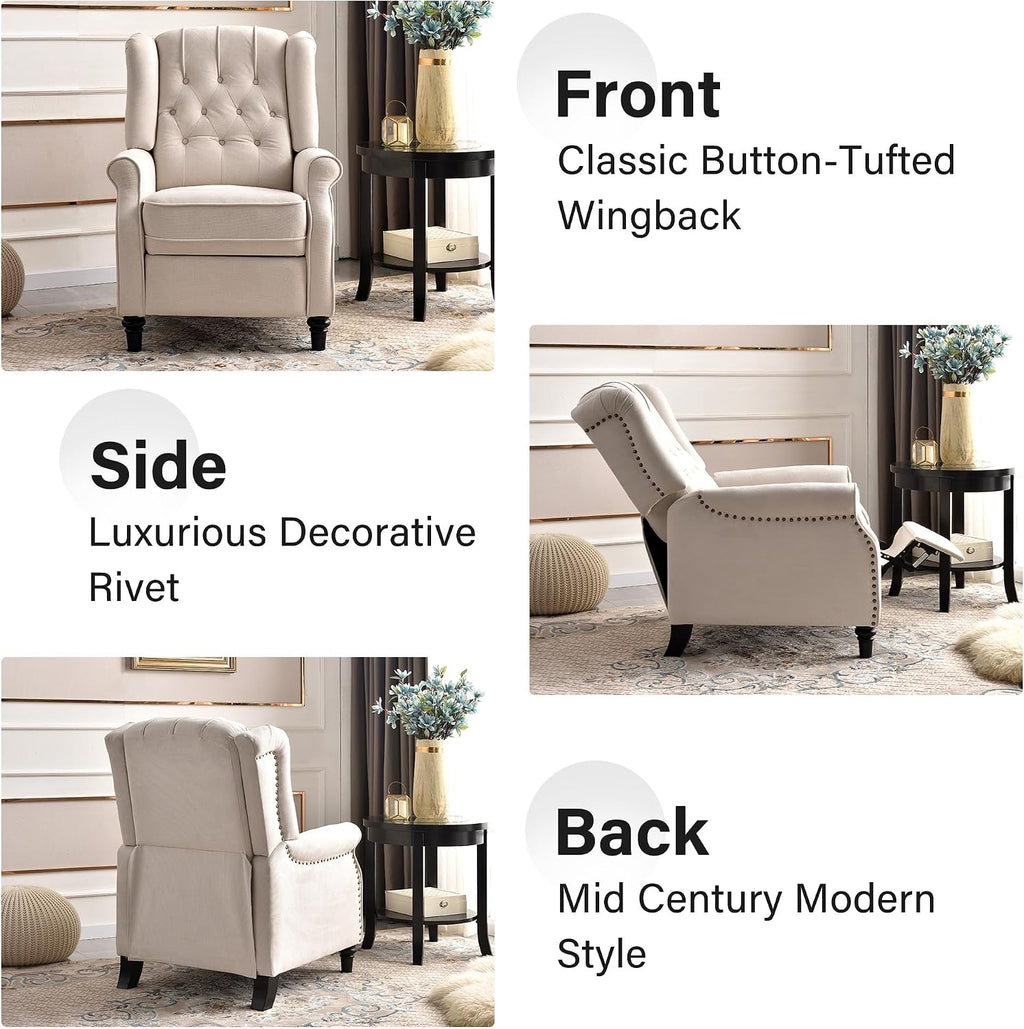 Bonzy Home Wingback Chairs Set of 2, Mid Century Modern Living Room Chairs, Fabric Push Back Recliner Chair with Rivet Decoration, Button-Tufted Back, Solid Wood Legs, Beige