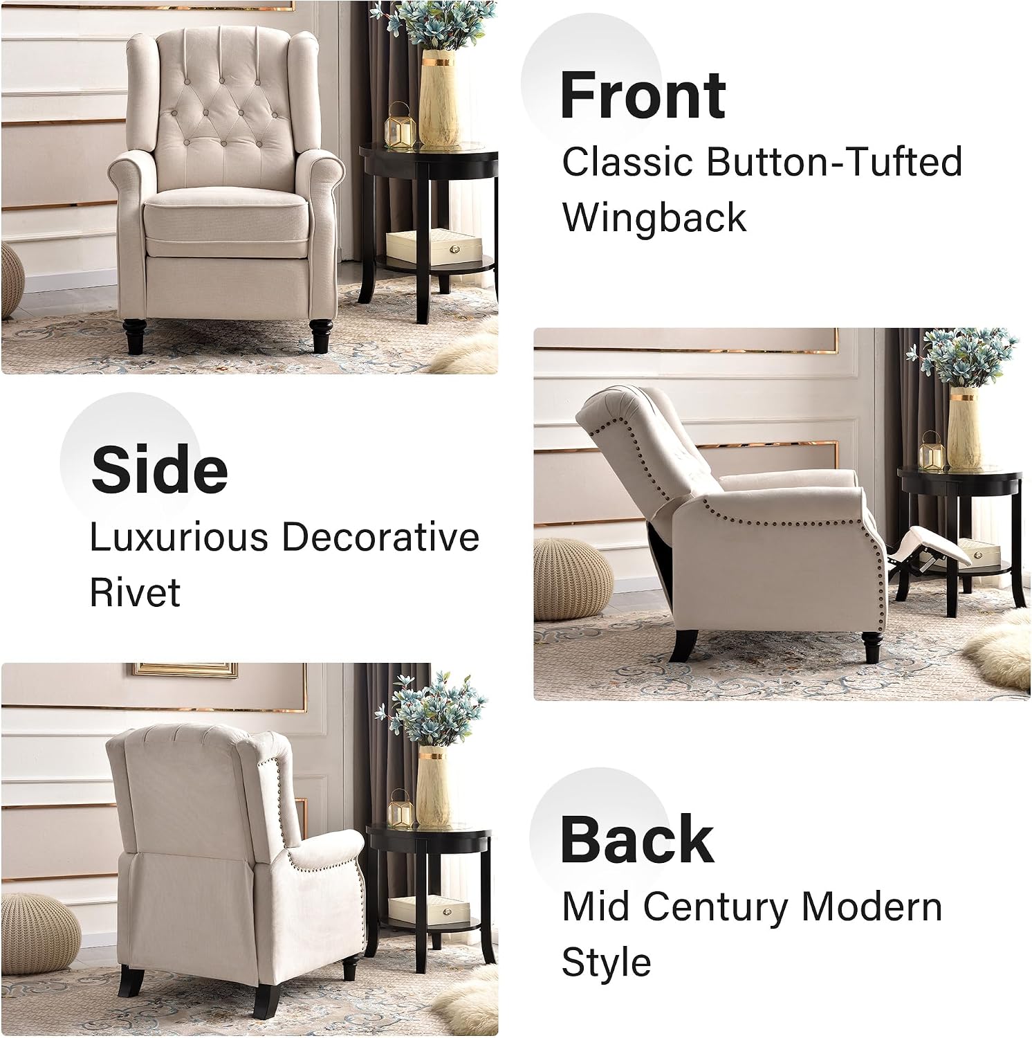 Bonzy Home Wingback Chairs Set of 2, Mid Century Modern Living Room Chairs, Fabric Push Back Recliner Chair with Rivet Decoration, Button-Tufted Back, Solid Wood Legs, Beige