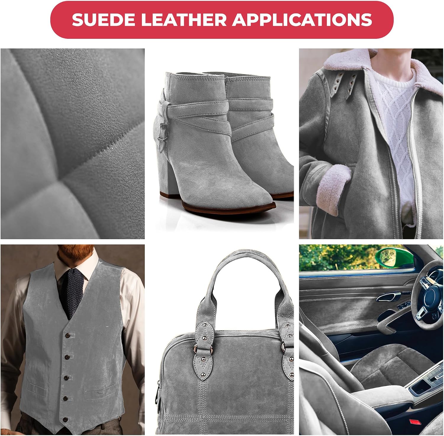 ELW Premium Suede Cowhide 2-4 oz (1-1.6mm) - Soft Full Grain Pre-Cut Side Leather - (2-4 SQ FT 4 PCS,Light Grey) - USA Made Silky Buffed Suede Fabric Leather for Car Upholstery, Garments, Furniture