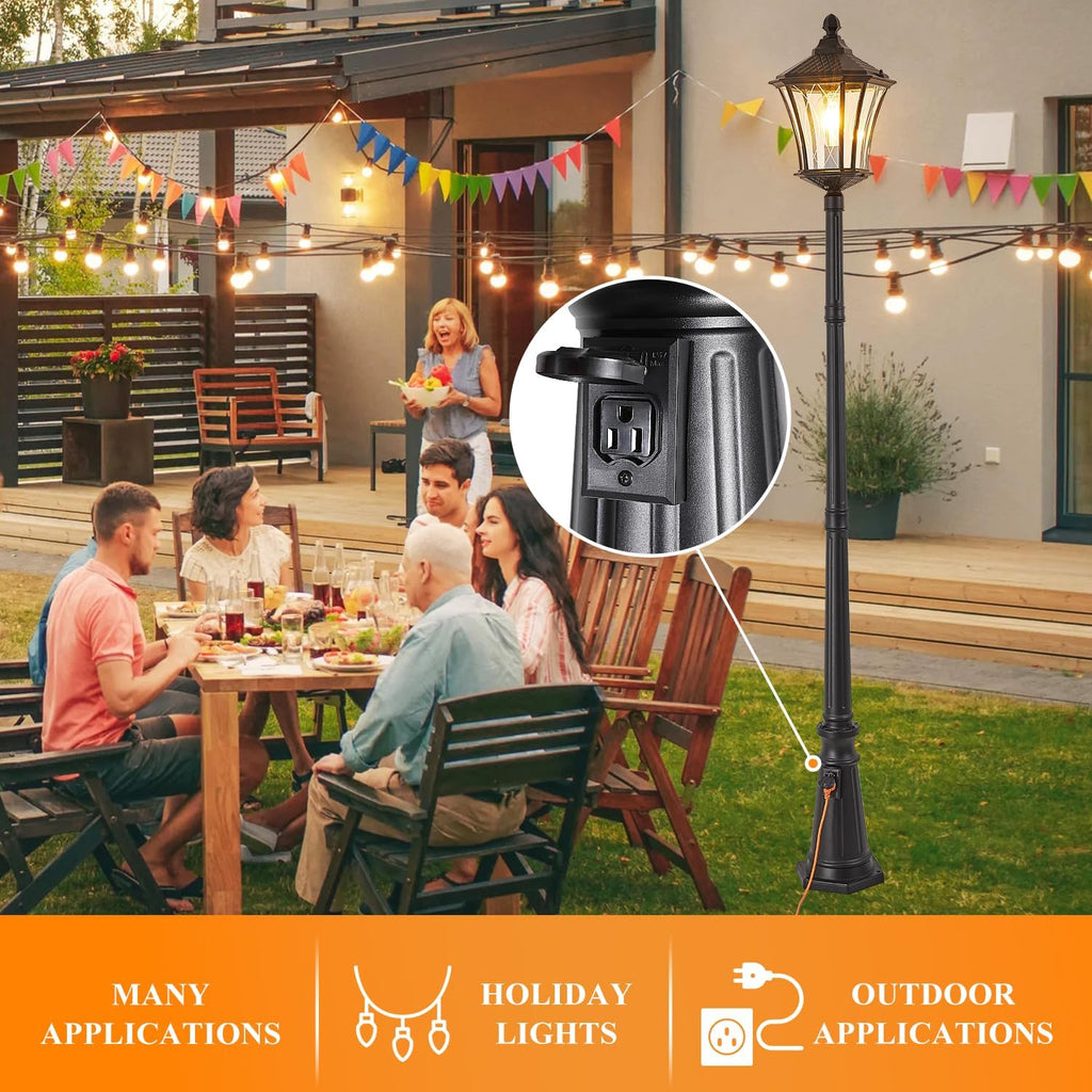 Outdoor Lamp Post Lights with Outlet, Dusk to Dawn Pole Lamp with Patterned Glass, Aluminum Waterproof Outside Street Light with Plug, Hardwired Black Light Pole for Backyard, Garden, Driveway