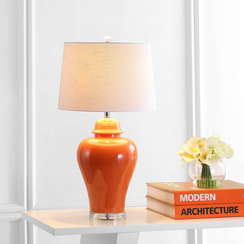 JONATHAN Y 27' Orange Ceramic Urn Table Lamp Set of 2 for Living Room, Bedside Nightstand Lamps for Bedroom, Farmhouse Decor with White Linen Shade, LED Bulbs Included (JYL4020B-SET2)