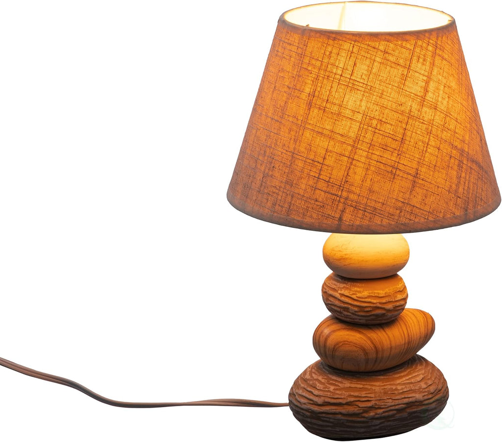 Quickway Imports Designer Table Lamps, Decorative Ceramic Table Lamp, with Beige, Brown, and White Stones and Beige Linen Lampshade, 14 inches Tall, Unique Lamp for Living Room or Bedroom