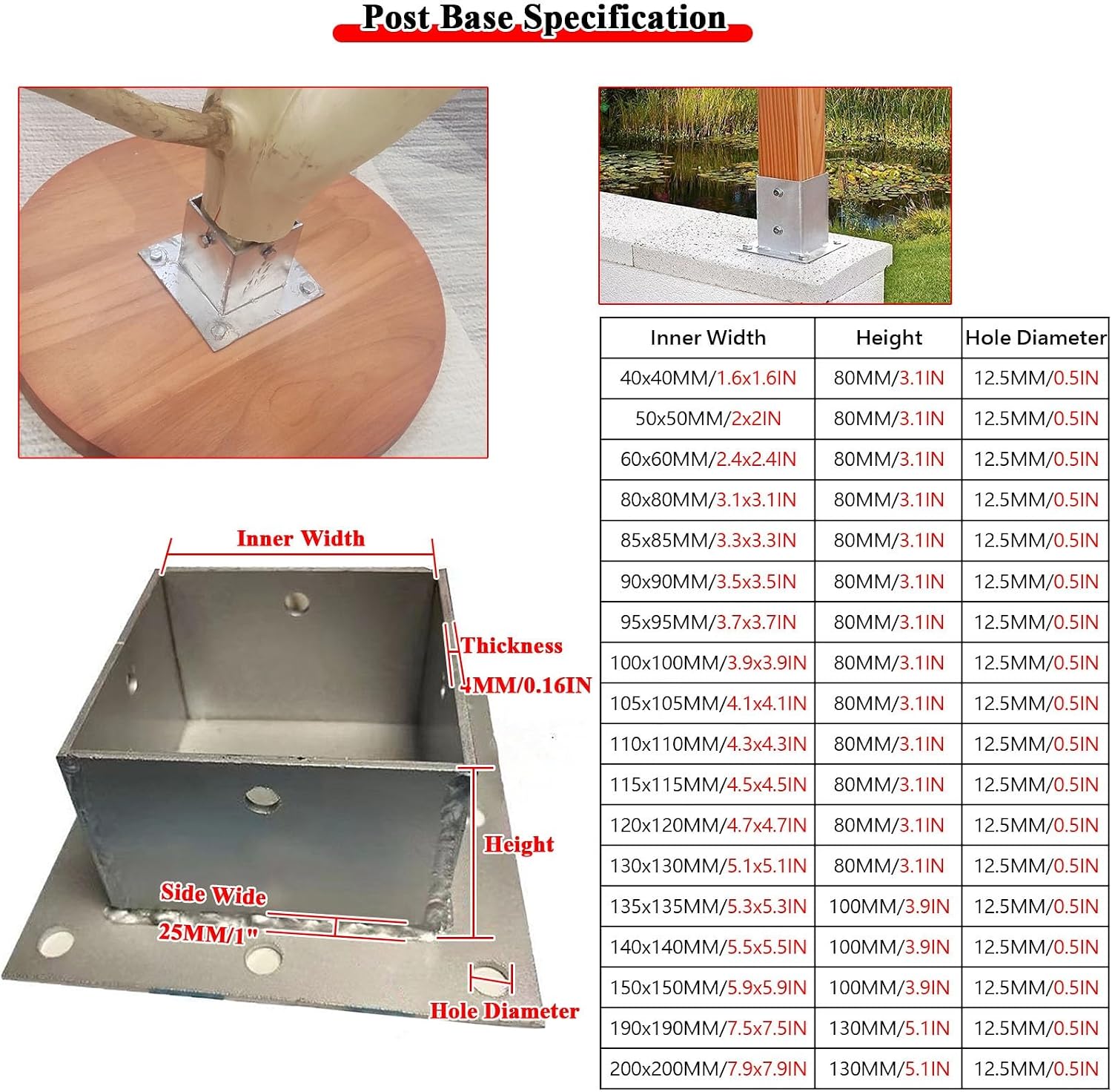 Cement Post Base Pergola Kit 2x2 3x3 4x4 5x5 6x6 8x8 Inches, Fence Gate Post Anchor Base Support Holder/Heavy Duty Square Column Base Brackets with Screws & Fittings, Sturdy(190x190 mm/7.5x7