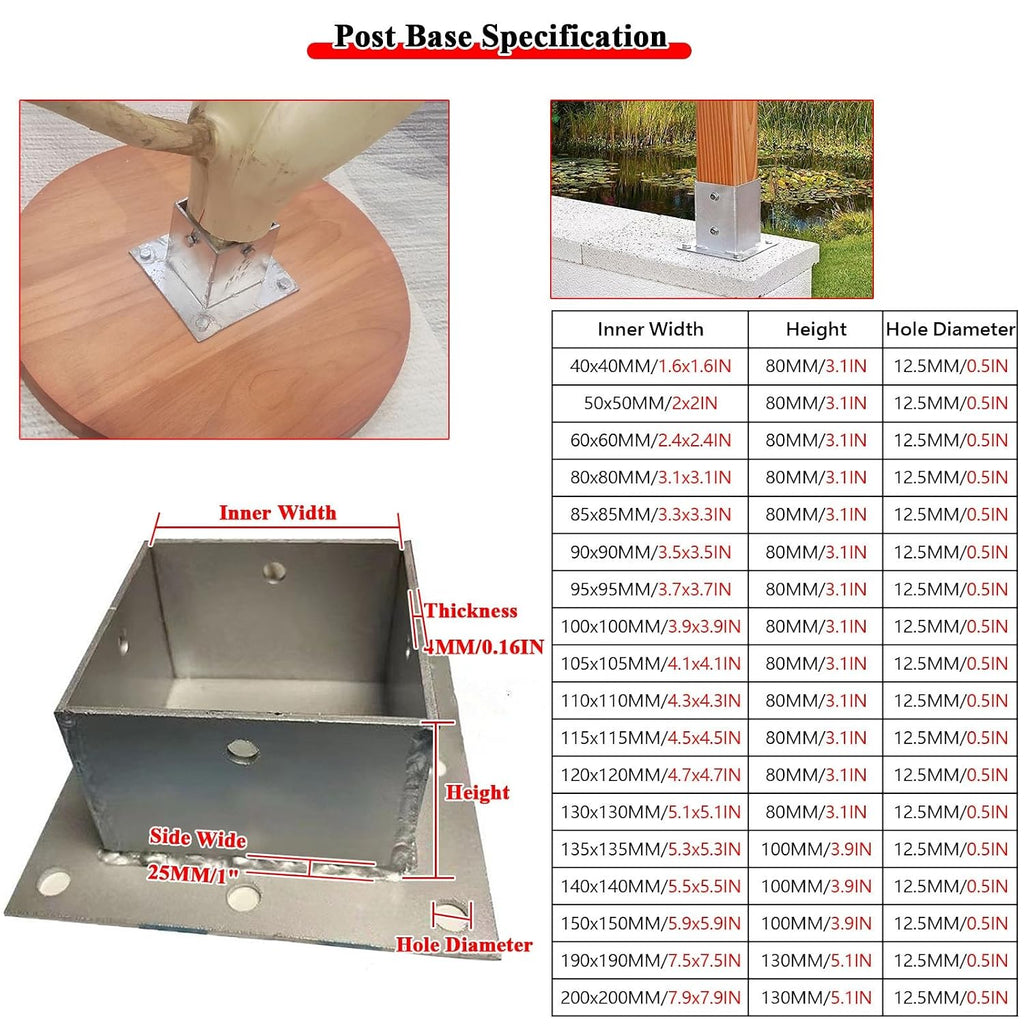 1.6x1.6 2x2 4x4 6x6 8x8 Inch Post Base for Wood Deck 2 Pcs 4 Pack, Outdoor Mailbox Pergola Fence Concrete Ground Post Holder Bracket/Railing Column Wooden Pile Standoff(4 pcs,2x2IN/50x50MM)