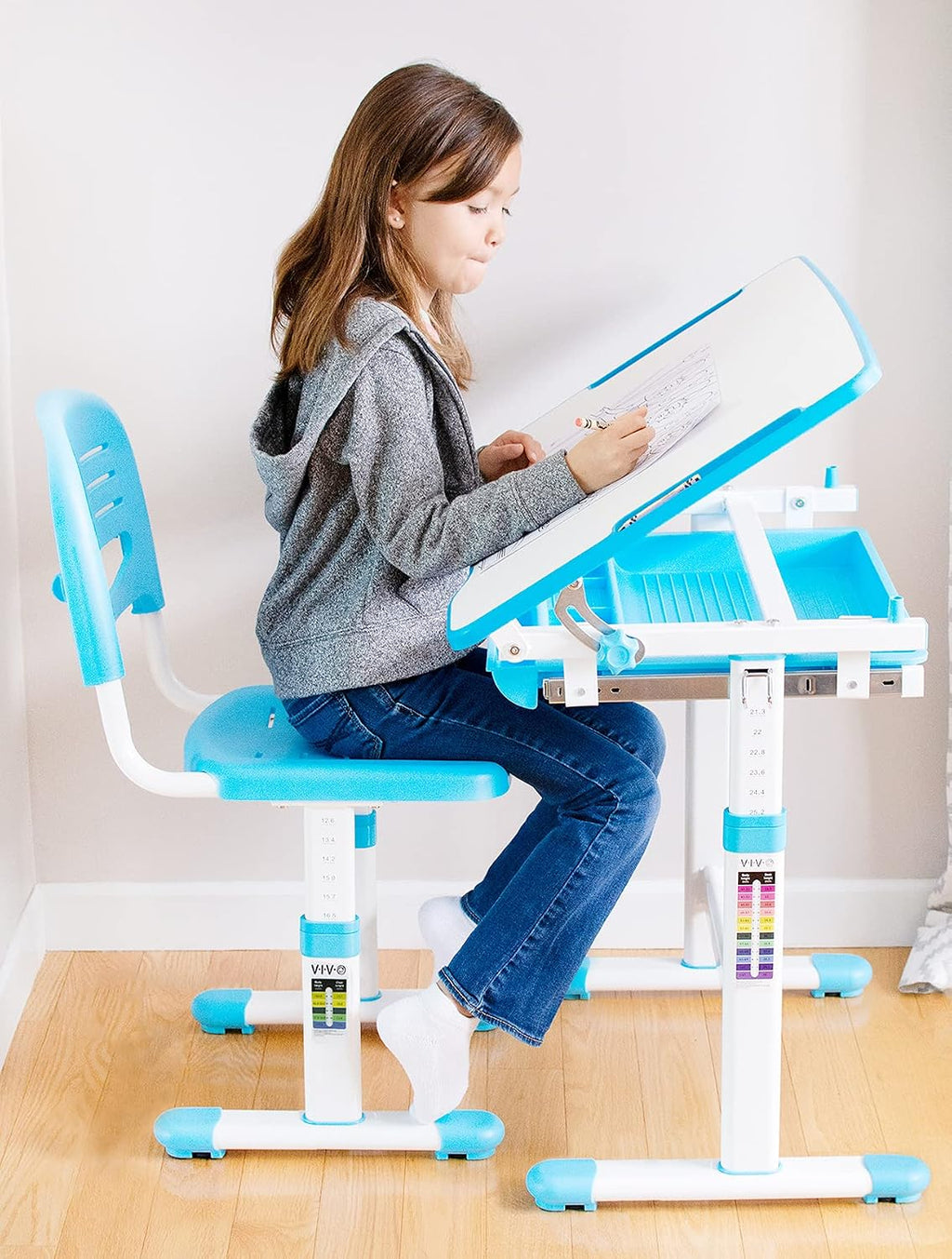 VIVO Height Adjustable Children's Desk and Chair Set, Kids' Multifunctional Interactive Workstation for School Writing Study Play, Tilting Desktop with Pullout Storage Drawer, Blue, DESK-V201B