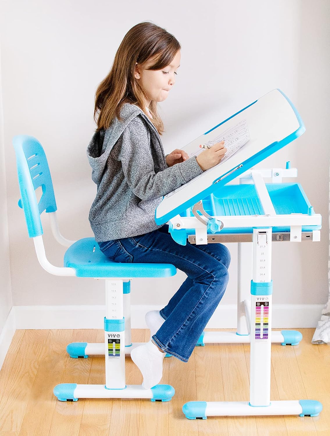 VIVO Height Adjustable Children's Desk and Chair Set, Kids' Multifunctional Interactive Workstation for School Writing Study Play, Tilting Desktop with Pullout Storage Drawer, Blue, DESK-V201B