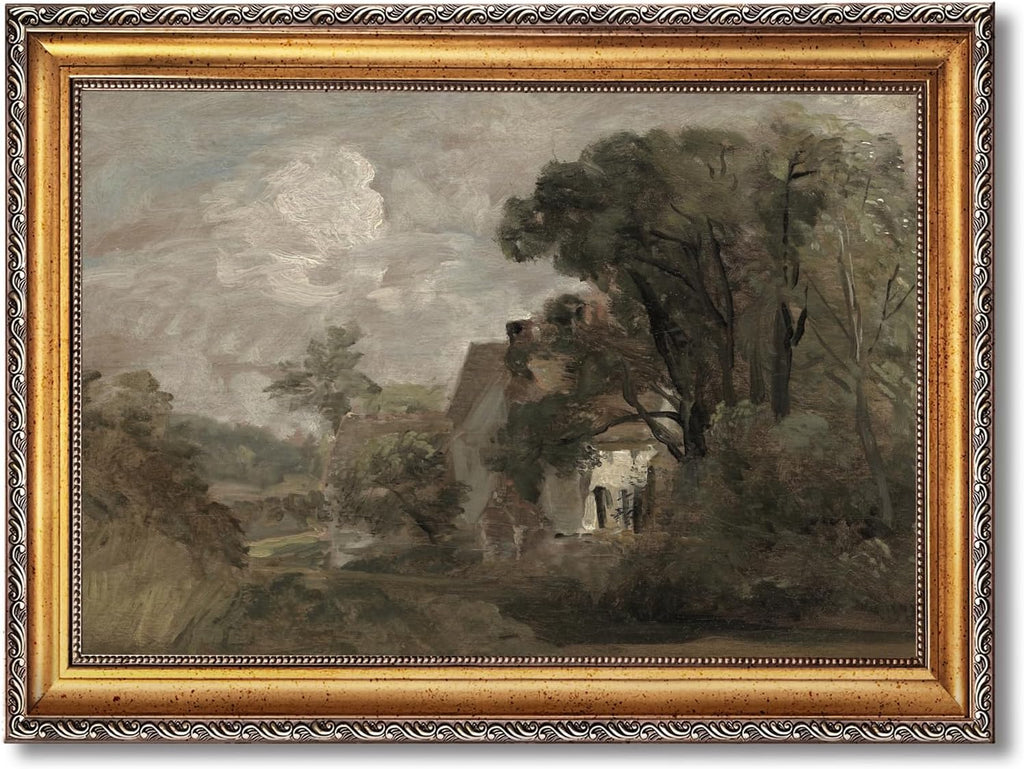 Large Framed Country Manor Canvas Wall Art Vintage Countryside Cottage Landscape Oil Painting Poster Rustic Estate European Country Artwork Print Classic Farmhouse Bedrom Decor 24x36inch