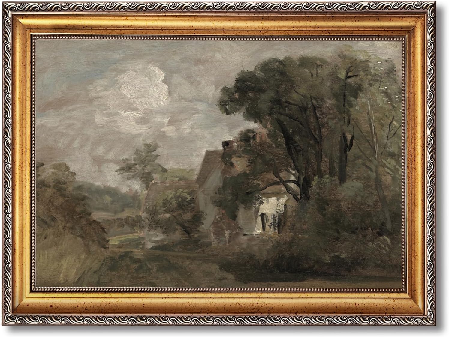 Large Framed Country Manor Canvas Wall Art Vintage Countryside Cottage Landscape Oil Painting Poster Rustic Estate European Country Artwork Print Classic Farmhouse Bedrom Decor 24x36inch