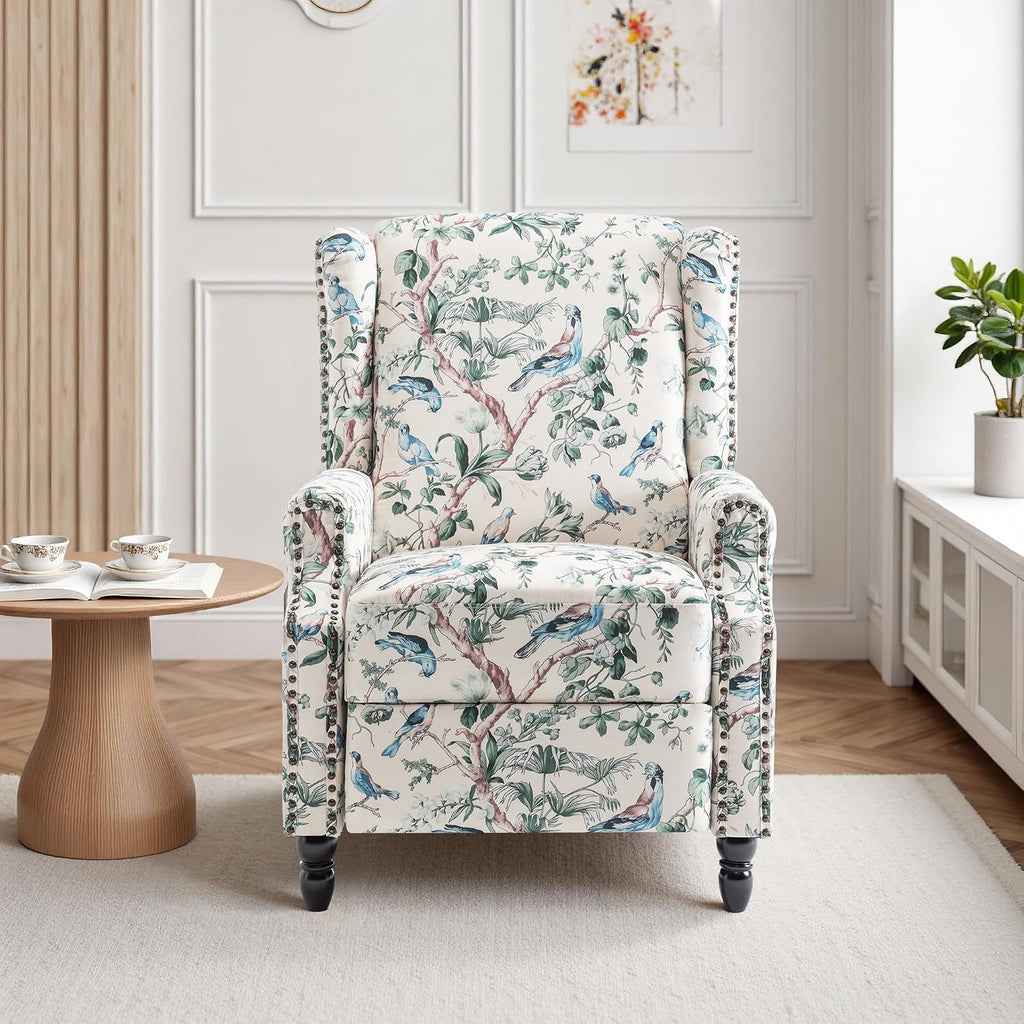 Pushback Recliner Chair, Floral Fabric Wingback Recliner Chair, Upholstered Rivet Trim Armchair Push Back Recliner Accent Chair for Small Spaces, Living Room, Bird