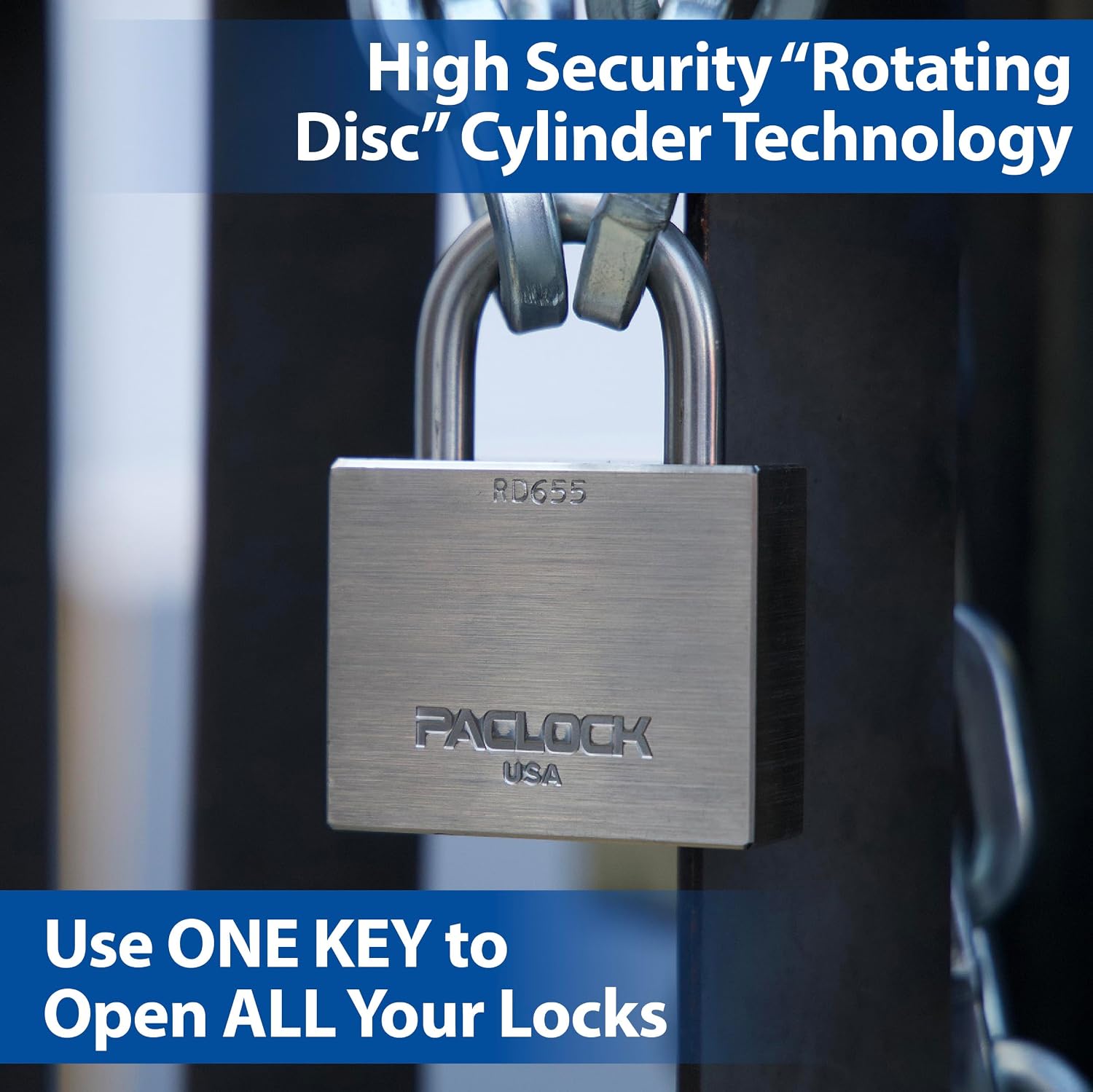 PACLOCK's RD655 Rotating Disc Padlock, 3/8' Dia. Stainless Steel Shackle, High Security Rotating Disc, Exclusive Key Number, U-Pick! Keyed Alike w/ 1 Key, Nickel-Plated Brass