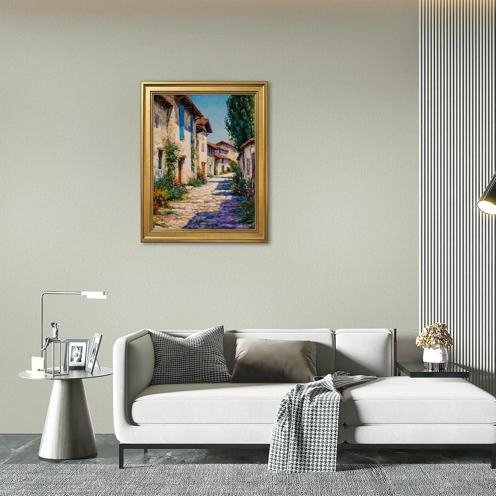 Large Gold Framed European Village Street Oil Painting Poster Vintage French Old Town Landscape Wall Art Countryside Floral Cottage Flowers Path Canvas Prints for Coastal Home Decor 24x36inch