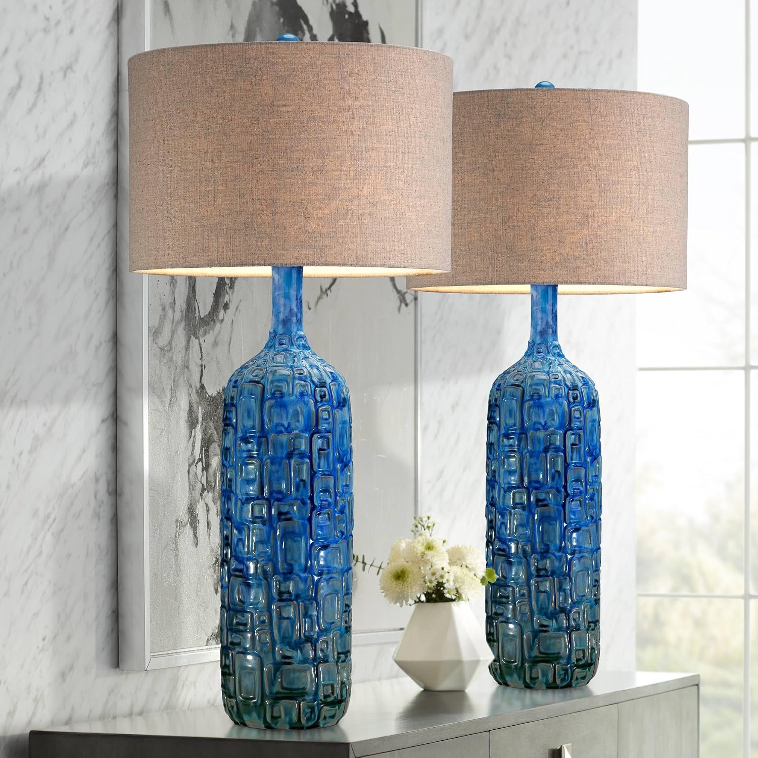Possini Euro Design 36' Tall Large Mid Century Modern Farmhouse Rustic Coastal End Table Lamps Set of 2 Teal Blue Ceramic Living Room Bedroom Bedside Nightstand House Office Home Reading Tan Shade