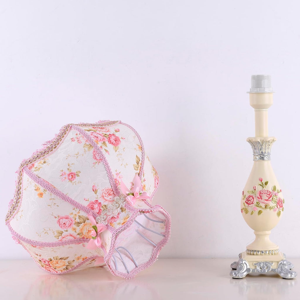 Cute Table Lamp with Fabric Lampshade, Antique Flower Decorative Bedside Desk Nightstand Lamp, Handmade Night Light for Bedroom Living Room (Pink and Beige)