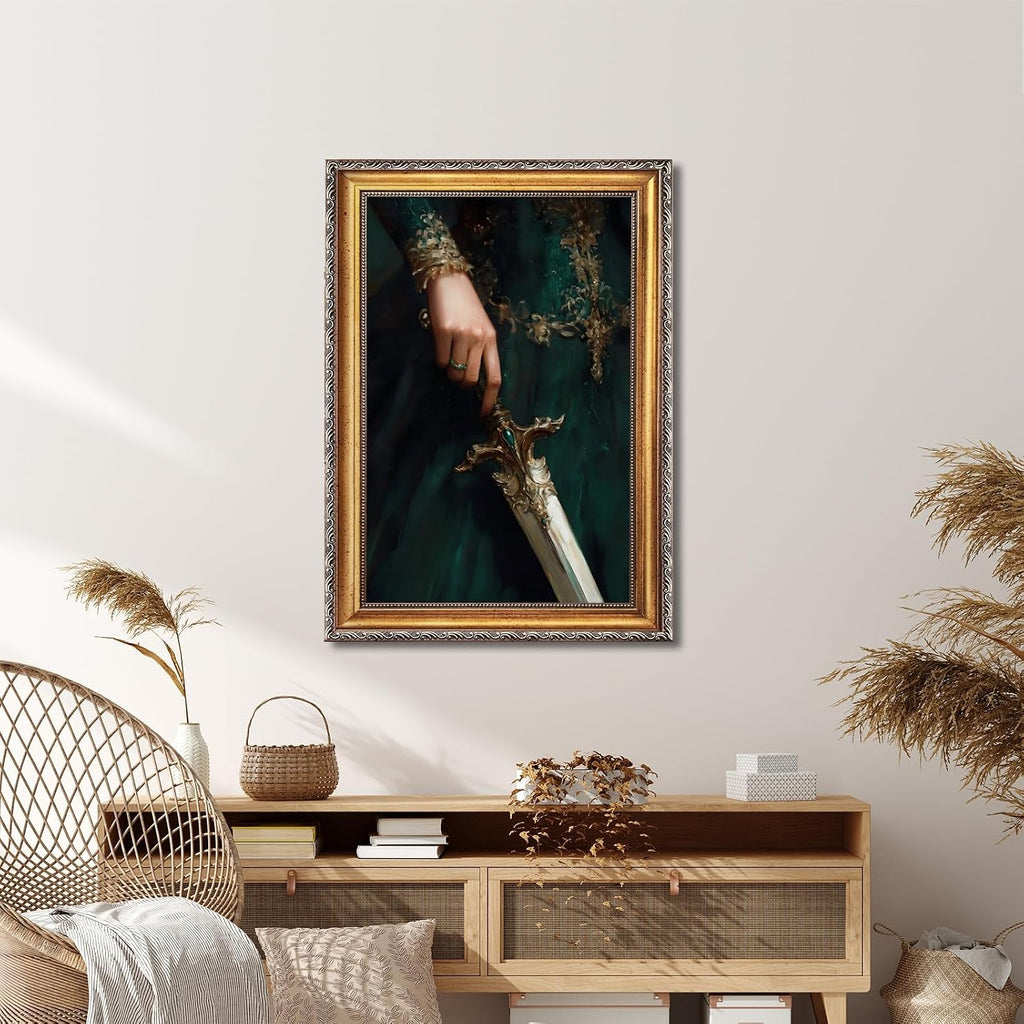 Large Gold Framed Victorian Feminist Woman Wall Art Vintage Royal Medieval Sword Canvas Poster Retro Jeweled Hand Oil Painting Prints Luxury Gothic Castle Court Decor for Girly Bedroom 24x36inch