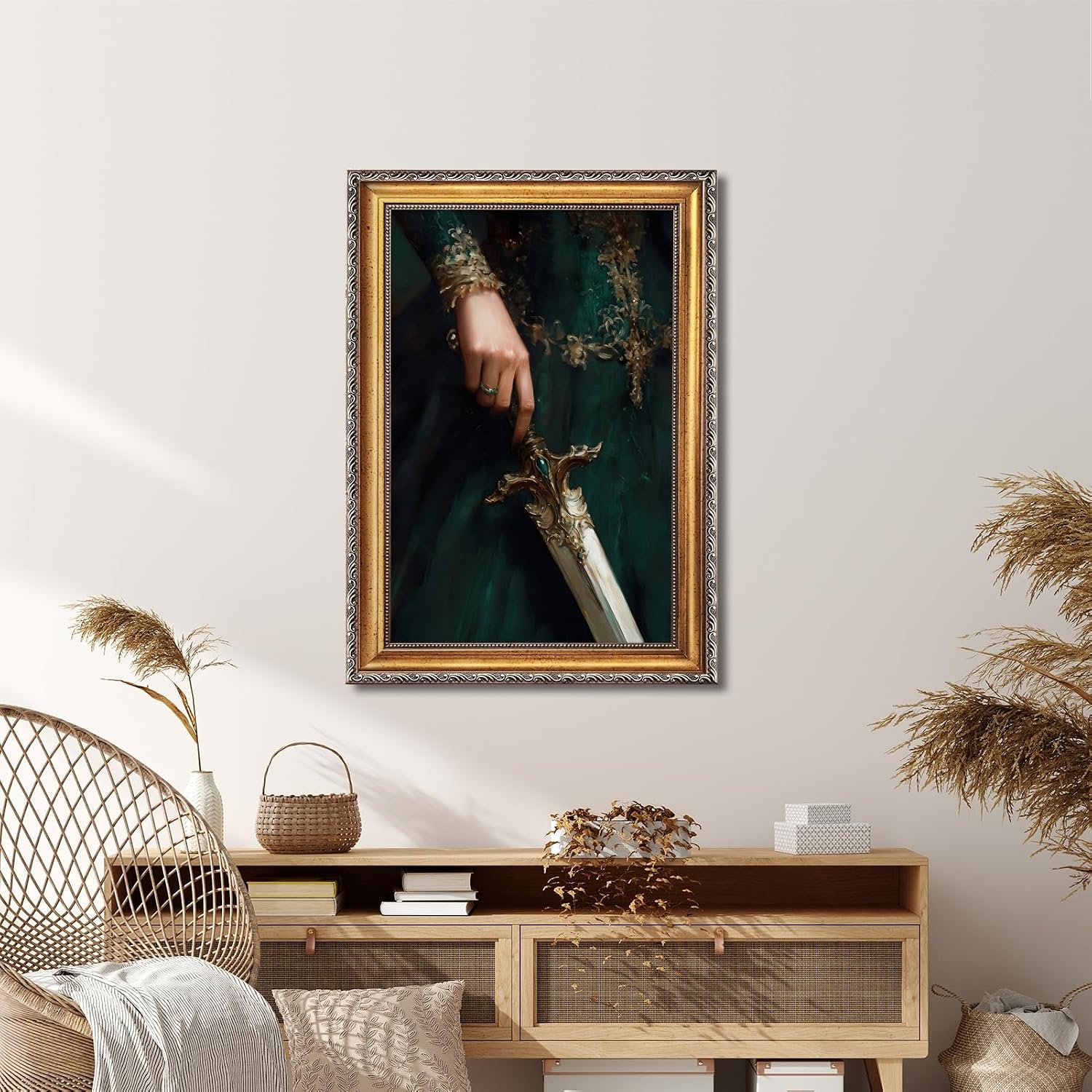 Large Gold Framed Victorian Feminist Woman Wall Art Vintage Royal Medieval Sword Canvas Poster Retro Jeweled Hand Oil Painting Prints Luxury Gothic Castle Court Decor for Girly Bedroom 24x36inch