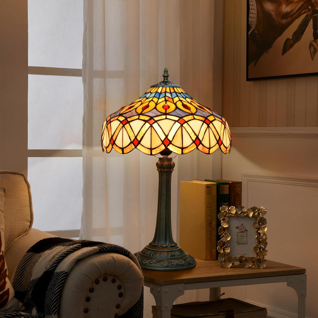 Yellow Peacock Tail Tiffany Table Lamp 12 inch Stained Glass Desk Lamp Vintage Reading Light for Living Room Bedroom Wedding Room Home Office Antique Decorative Light