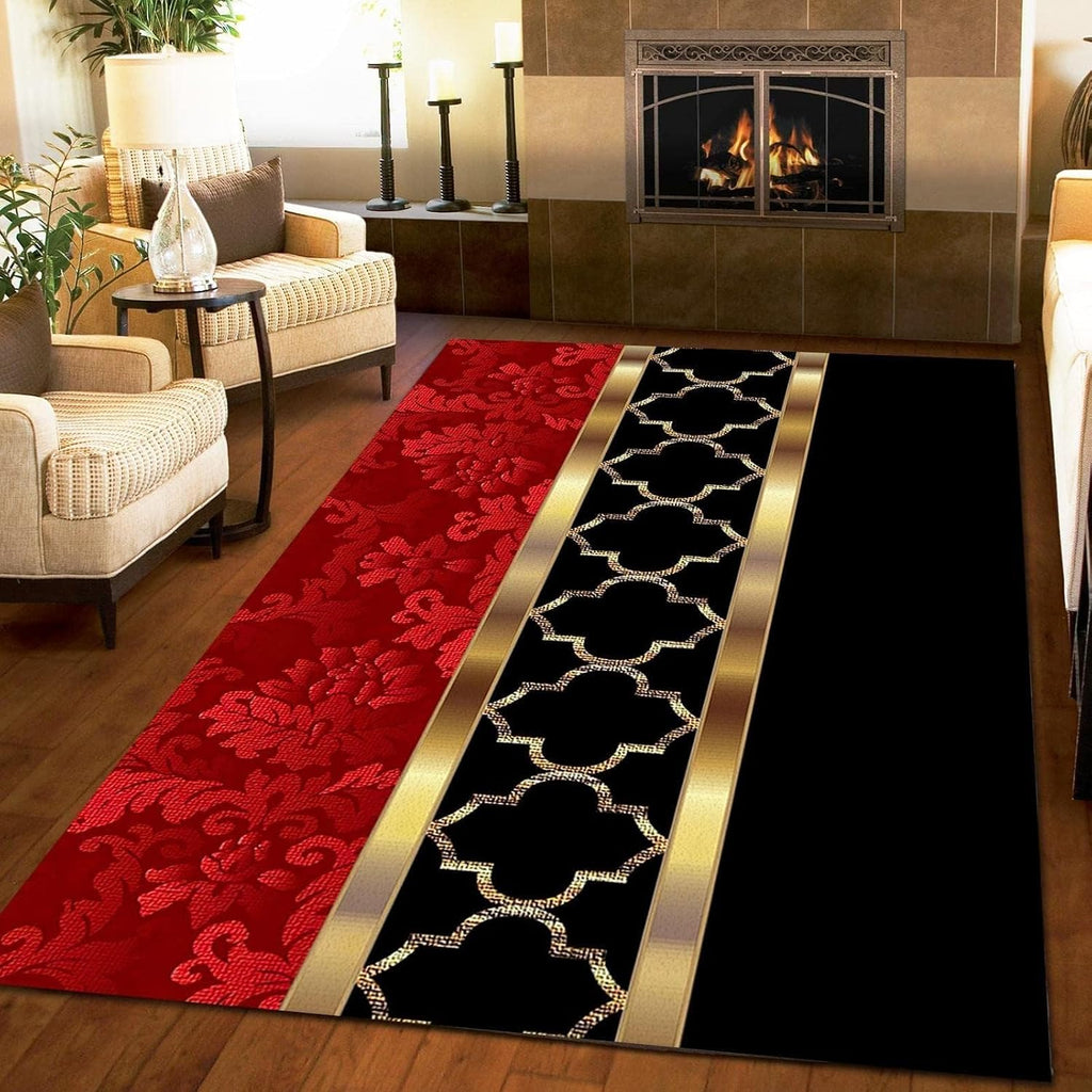 Modern European Style Luxury Art Area Rug - Black, Red, Gold for Living Room, Bedroom, Kitchen, Dining Room, Home Office - Anti-Slip Easy Clean Carpet, 5 x 6ft