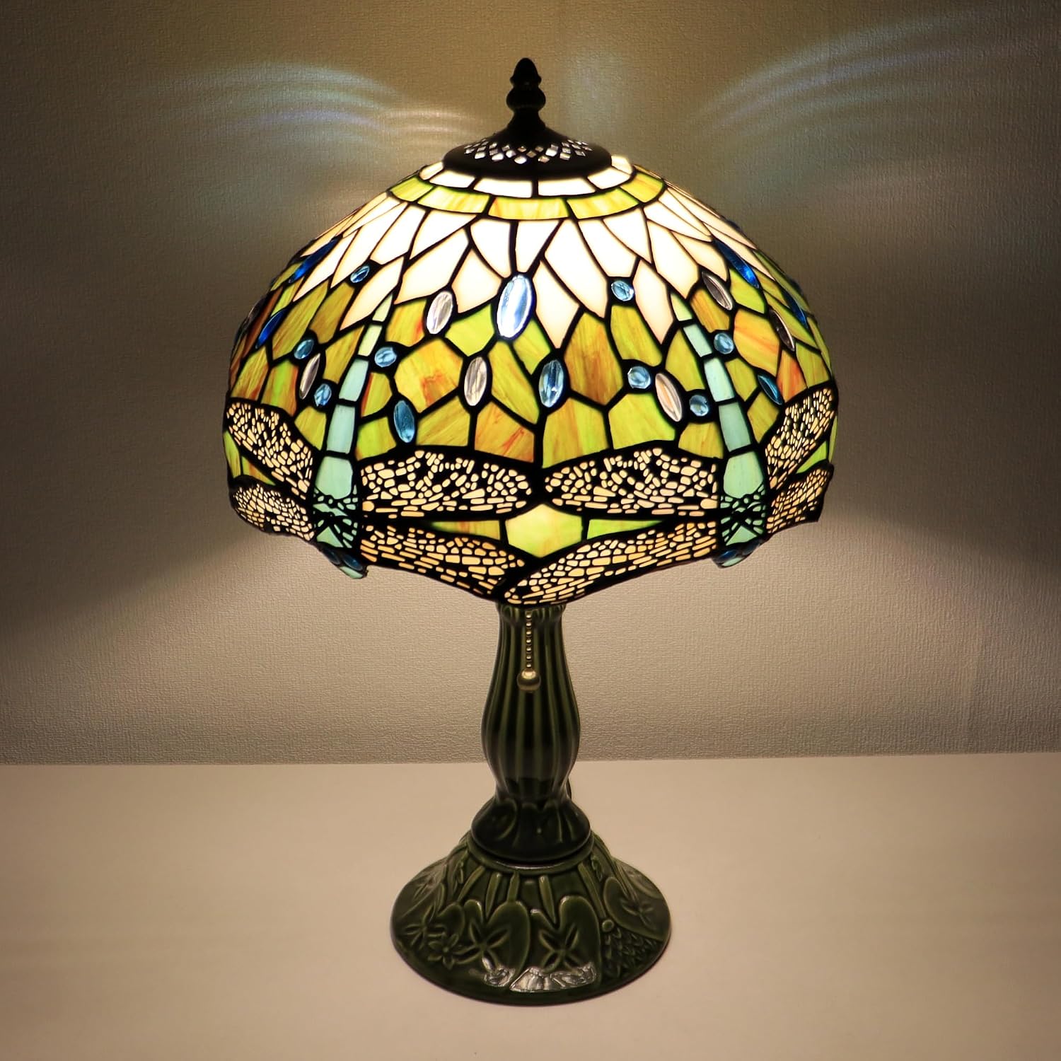 Tiffany Lamp Stained Glass Table Lamps Amber White Dragonfly Style Desk Lamp 12X12X18.5 Inch Bronze Ceramic Base Reading Light Suitable for Bedside Bedroom Living Room Dining Room Office