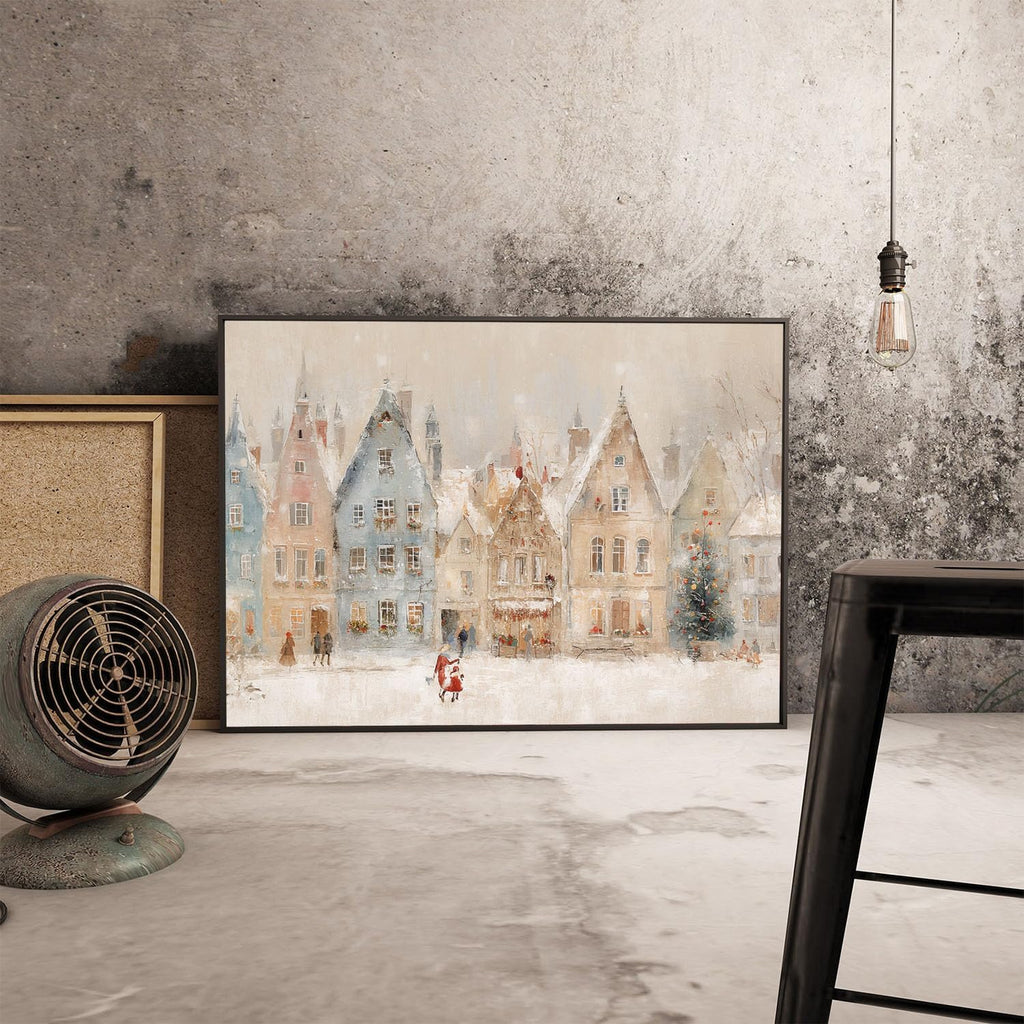 CHAPIAOXIANG Winter village wall art print, European Christmas town oil painting, Christmas illustration, snowy holiday street scene, rural scenery, nursery wall decor 24x36in Metal blackFramed