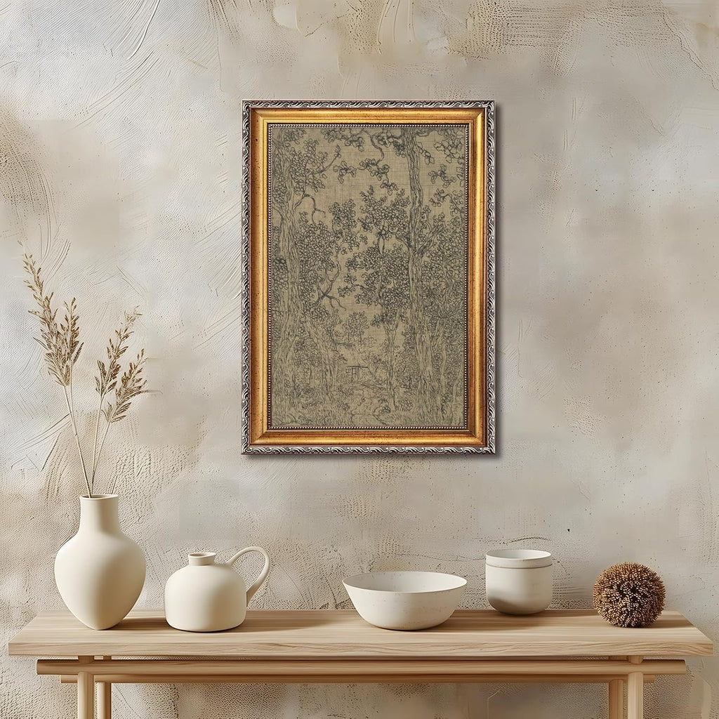 Retro Gold Framed Landscape Sketch Canvas Wall Art Vintage Classic Mystical Forest Moody Woodland Painting Poster Antique Dark Drawing French Country Farmhouse Print Artwork Home Decor 24x36inch