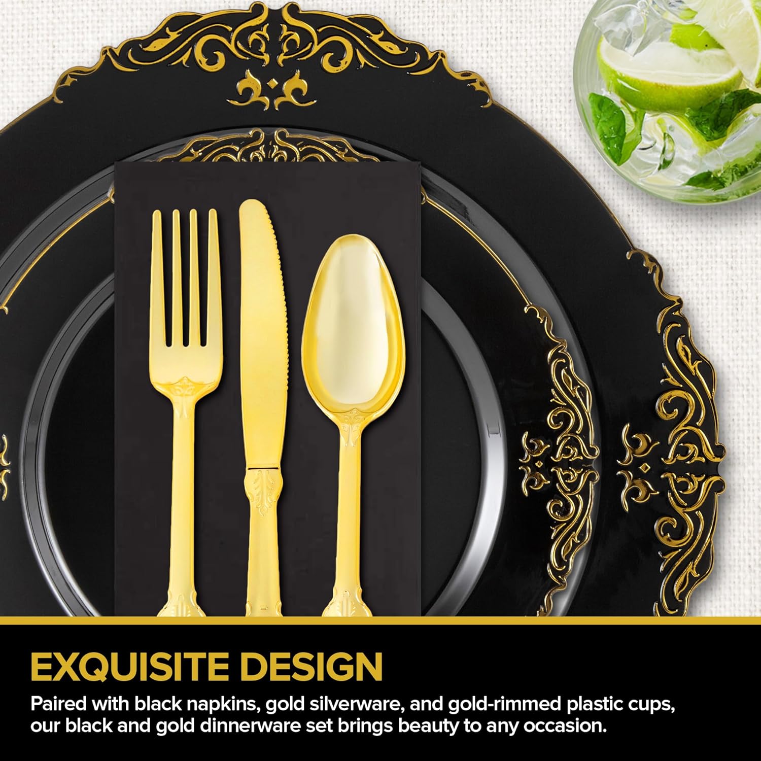 Stock Your Home Black and Gold Plates with Pre Rolled Cutlery Napkins and Cups 700 Piece Party Set for 100 Guests Wedding Bridal Shower Graduation
