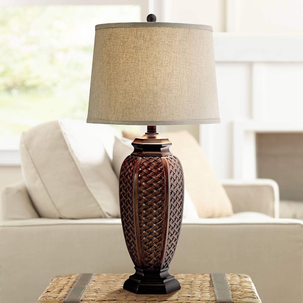 Regency Hill Tropical Natural Cottage Core Jar Table Lamps 29' Tall Set of 2 Weathered Brown Woven Wicker Beige Linen Fabric Drum Shade Decor for Living Room Bedroom House Bedside Nightstand Home