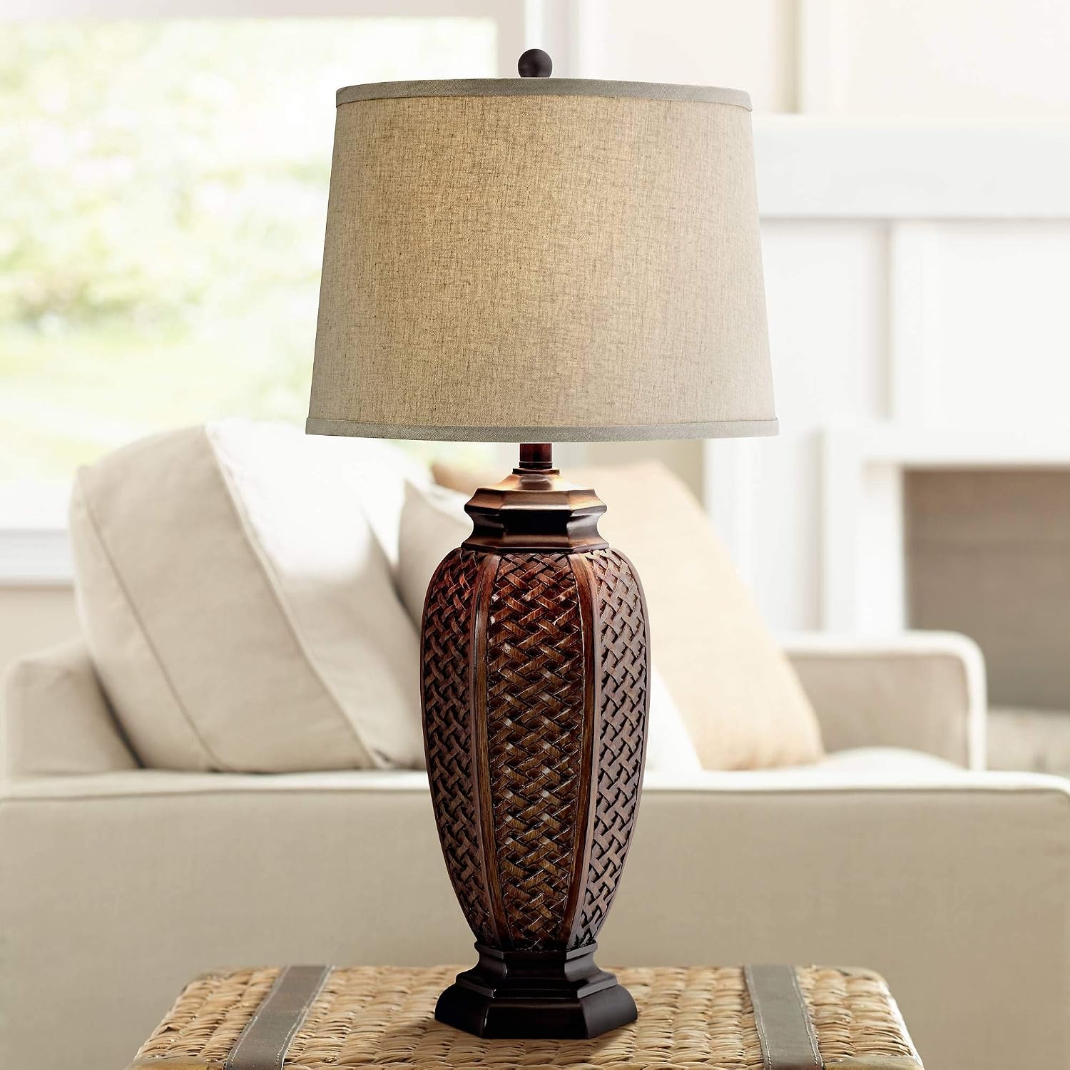 Regency Hill Tropical Natural Cottage Core Jar Table Lamps 29' Tall Set of 2 Weathered Brown Woven Wicker Beige Linen Fabric Drum Shade Decor for Living Room Bedroom House Bedside Nightstand Home