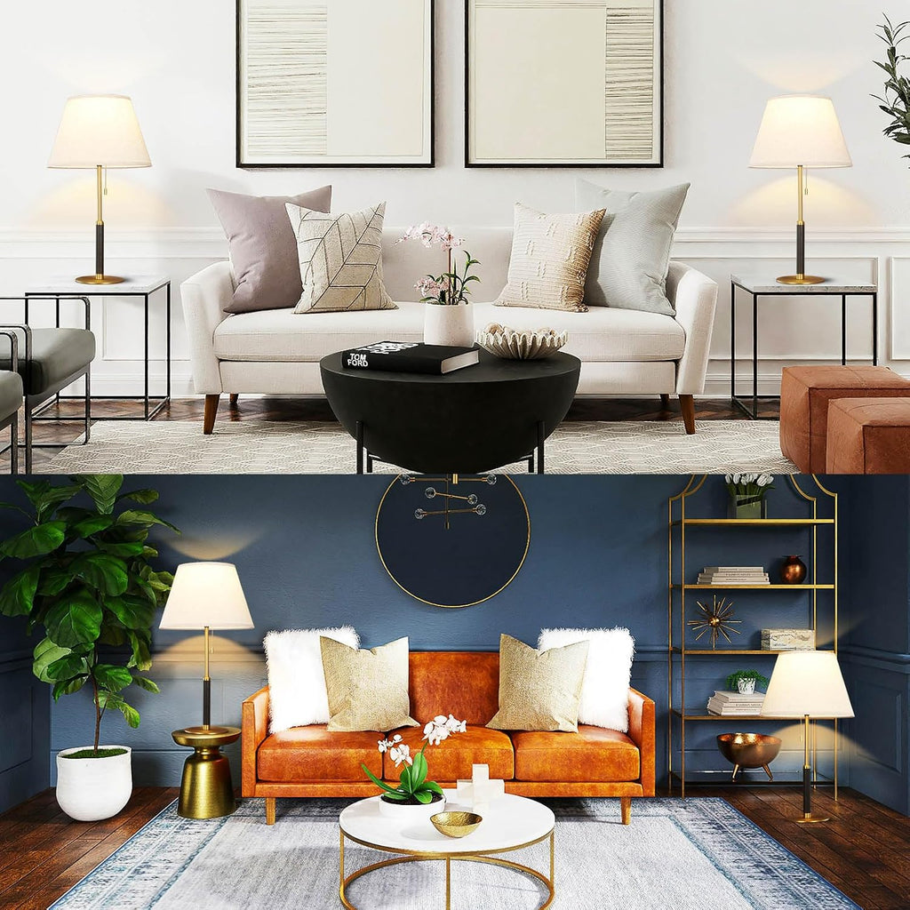 26.4' Set of 2 Mid Century Living Room Modern Table Lamp with Pull Chain, Bedside Lamps for Bedroom 3-Color Light, Wood/Metal/Fabric Nightstand Lamp for Home/Office/Desk (Light Brown+Brass)