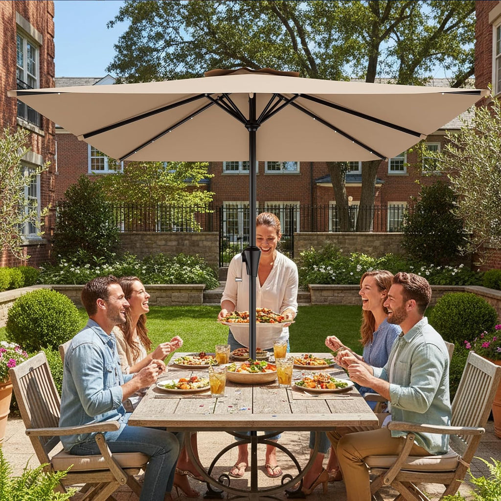 AreShark 8' X 10' Rectangular Patio Umbrella with Solar Lights, Lighted Solar Umbrella with Crank, Outdoor Table Umbrella for Garden, Deck, Backyard, Pool and Beach, Beige