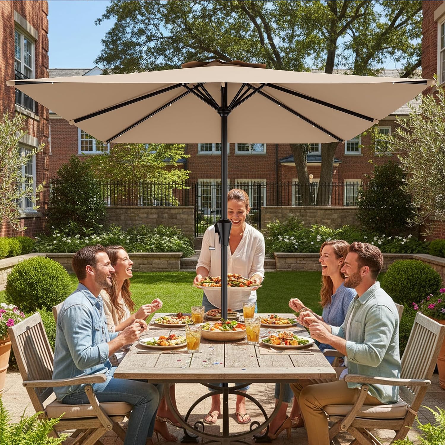 AreShark 8' X 10' Rectangular Patio Umbrella with Solar Lights, Lighted Solar Umbrella with Crank, Outdoor Table Umbrella for Garden, Deck, Backyard, Pool and Beach, Beige