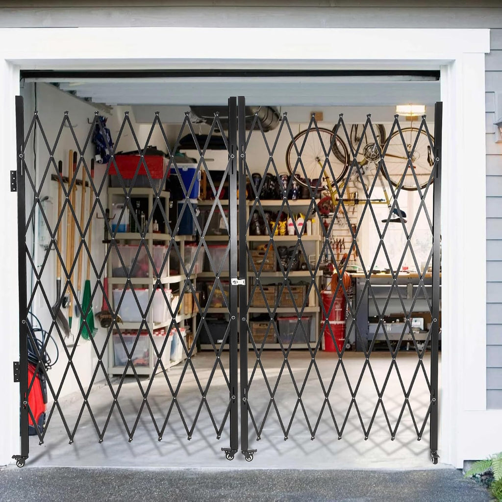 87' H x 150' W Folding Security Gate, Heavy Duty Steel Expandable Barrier Bi-fold Door with 360° Swivel Casters & Key Lock, Retractable Rolling Scissor Gate for Garage Driveway Warehouse, Black