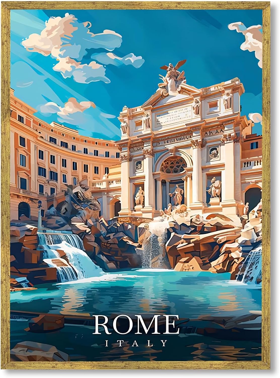 Framed Rome Italy Vintage Travel Posters Trevi Fountain Wall Art Canvas Print Cityscape Painting Artwork European Architecture Picture Wall Decor for Living Room Bedroom Home Office 24x36inch