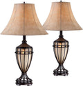 Franklin Iron Works Cardiff Traditional Rustic Urn-Shaped Table Lamps 33' Tall Set of 2 with Nightlight Brushed Iron Cage Champagne Glass Beige Fabric Bell Shade for Living Room Bedroom House