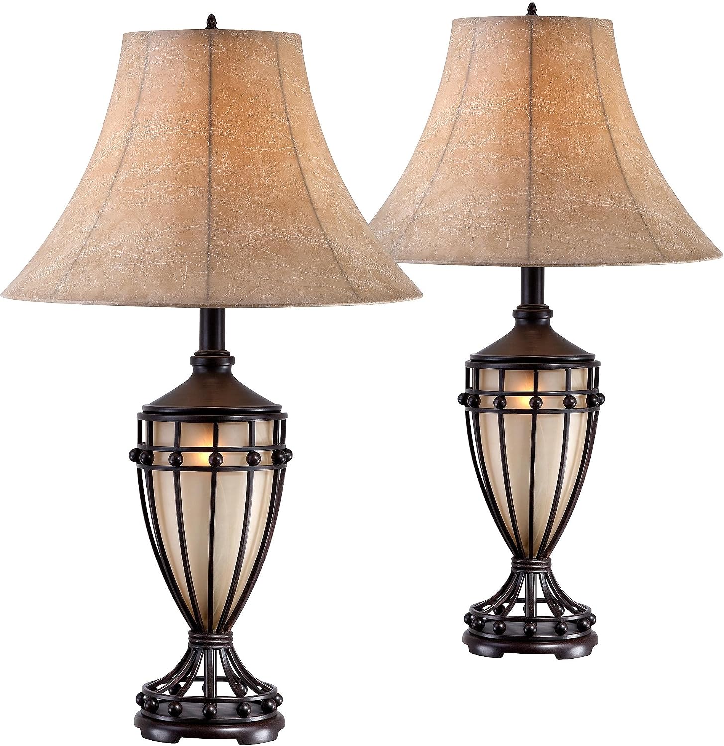 Franklin Iron Works Cardiff Traditional Rustic Urn-Shaped Table Lamps 33' Tall Set of 2 with Nightlight Brushed Iron Cage Champagne Glass Beige Fabric Bell Shade for Living Room Bedroom House