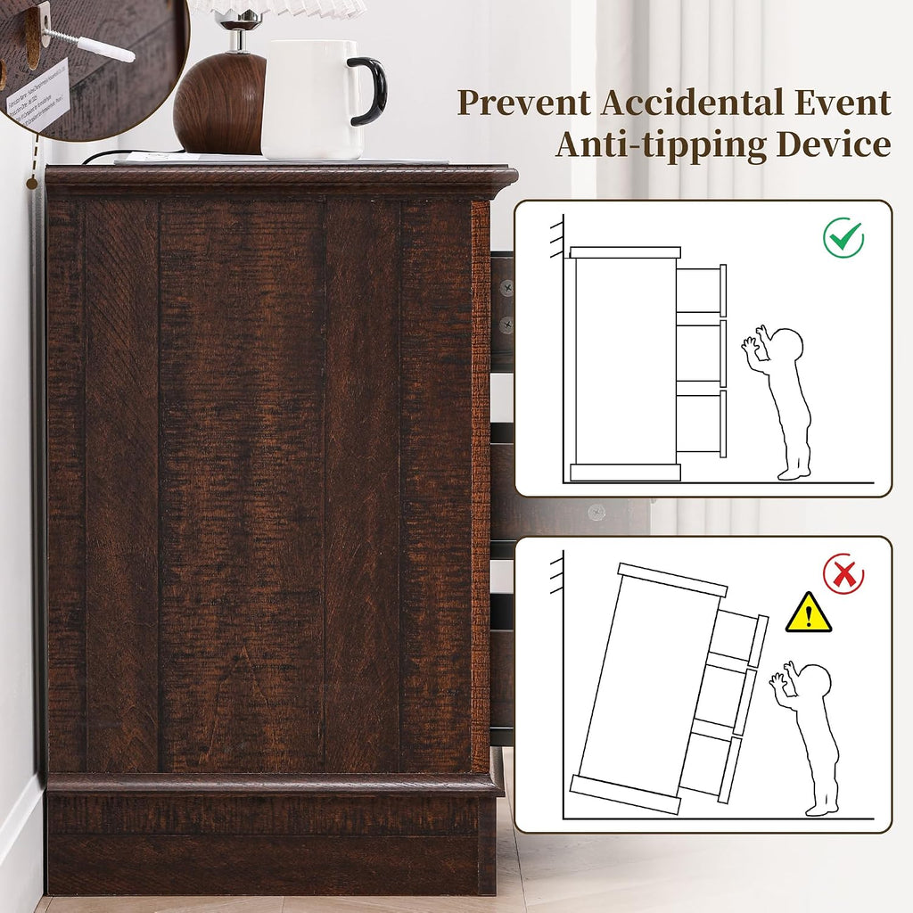 Farmhouse Night Stand with Charging Station, Bedside Table with 3 Drawers Storage and Outlets, Wood Nightstand for Bedroom, Living Room, Closet (Dark Brown)