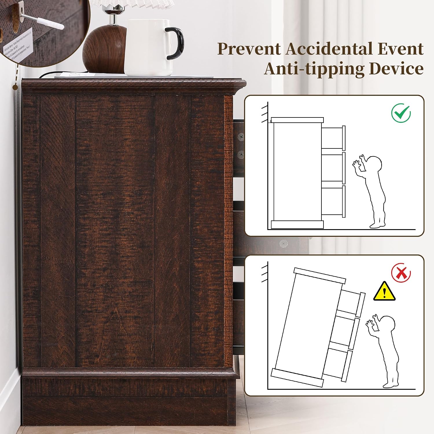 Farmhouse Night Stand with Charging Station, Bedside Table with 3 Drawers Storage and Outlets, Wood Nightstand for Bedroom, Living Room, Closet (Dark Brown)