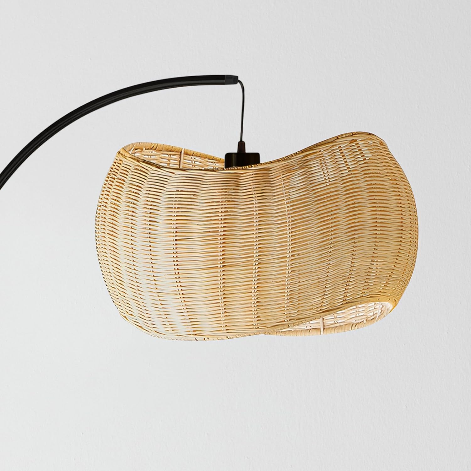 Brightech Wave Arc Floor Lamp - Chic Standing Lamp with Unique Hanging Wicker Pendant Shade for Living Room, Boho Rattan Natural Decor Lamp, Arcs Over Sofa, Bedroom & Office Desk for Reading - Black