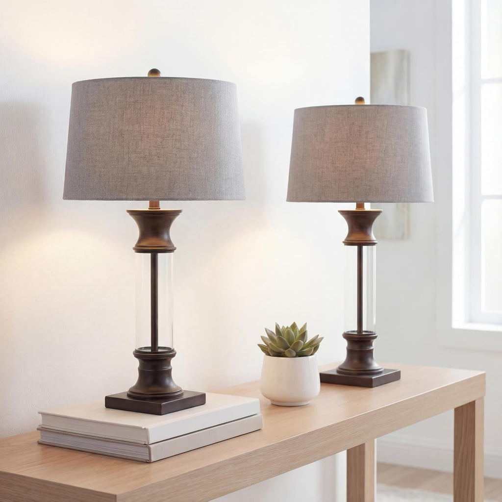 JONATHAN Y 32' Bronze and Clear Glass Table Lamp Set of 2 for Living Room, Rustic Farmhouse Bedside Nightstand Lamps with Gray Linen Drum Shade, LED Bulbs Included JYL4000A-SET2