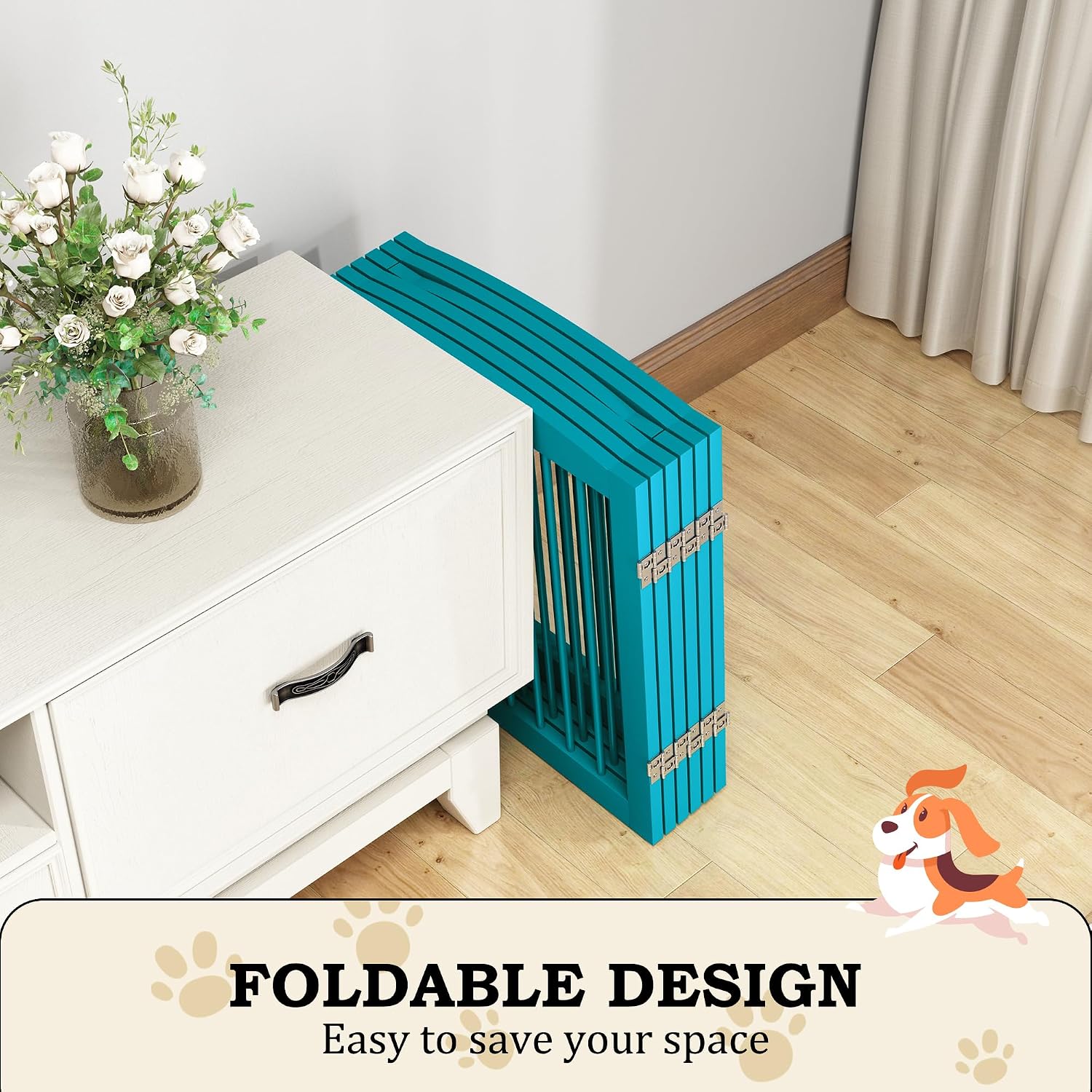 PUPETPO Freestanding Pet Gates with Walk Through Door, Dog Indoor Fence, Dog Gate for The House, Doorway, Stairs, Extra Wide Pet Gate, Support Feet Included, 120 Inch Wide, 6 Panels 24' Tall, Blue