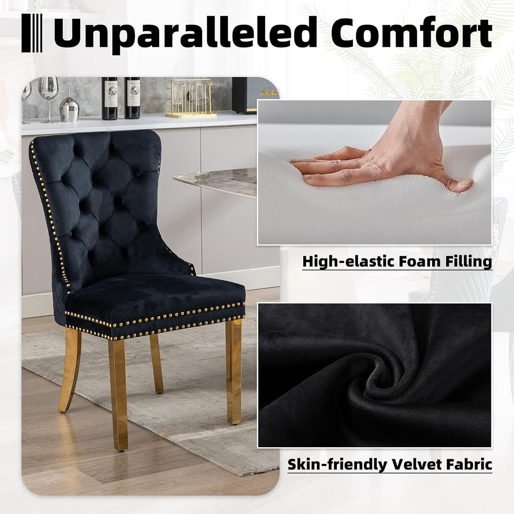 Velvet Dining Chairs Set of 2, Upholstered Dining Room Chairs, Mid-Century Modern Chairs with Diamond Lattice Tufted Back, Lion Pull Ring Rivet Trim, Golden Metal Legs for Kitchen, Black