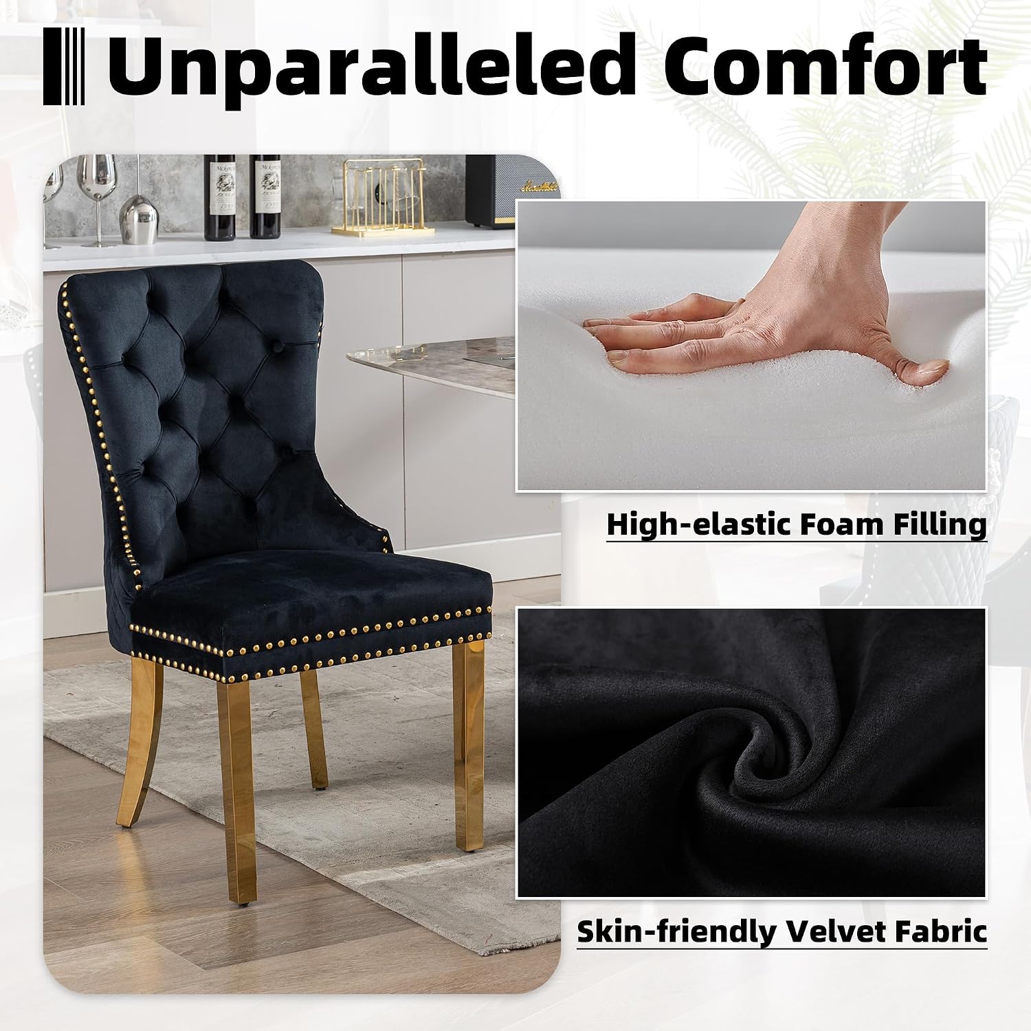 Velvet Dining Chairs Set of 2, Upholstered Dining Room Chairs, Mid-Century Modern Chairs with Diamond Lattice Tufted Back, Lion Pull Ring Rivet Trim, Golden Metal Legs for Kitchen, Black
