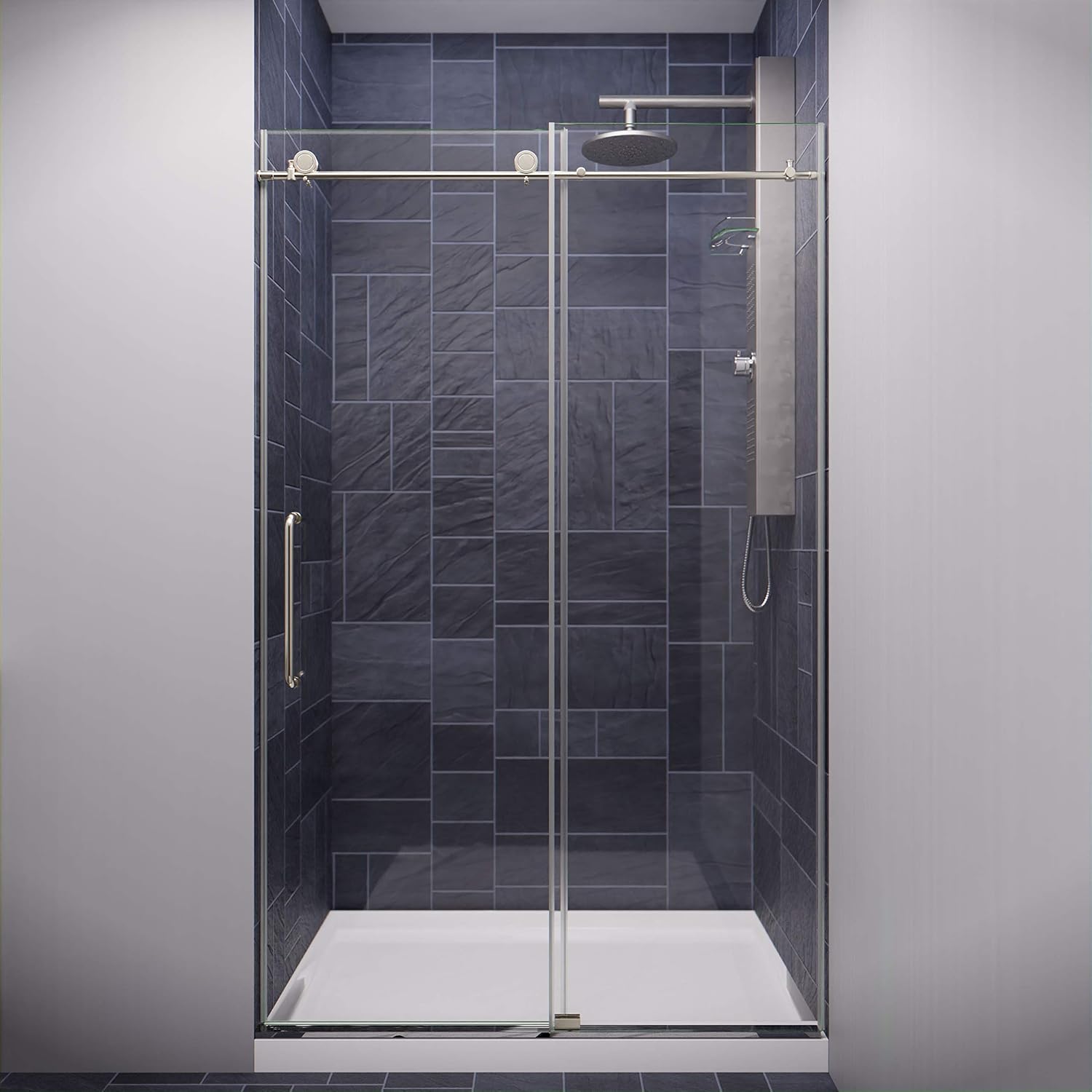 ANZZI 76 x 48 inch Frameless Shower Door | Brushed Nickel | Madam Complete Shower Kit | Water Repellent Sliding Glass Panel + Bottom Seal Strip Parts + Easy Glide Rollers | SD-AZ13-01BN