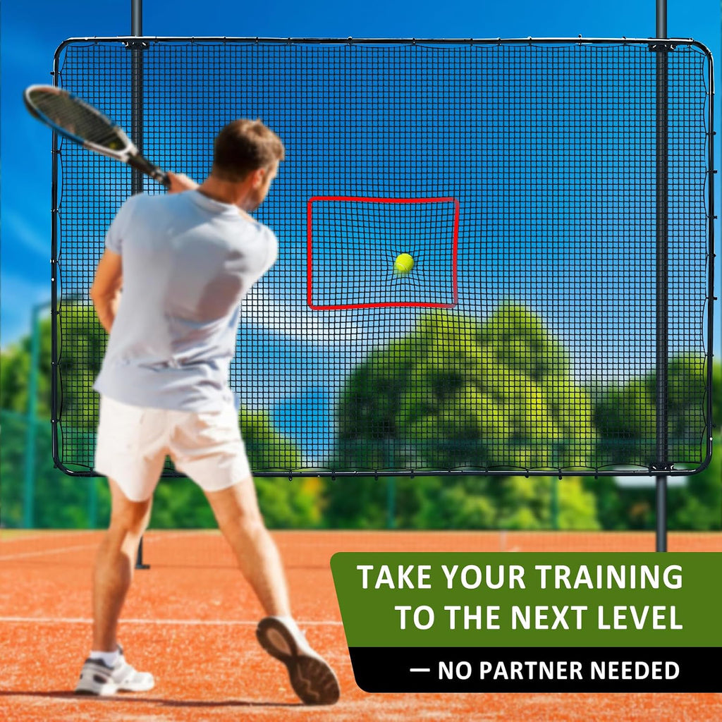 Fence-Mount Tennis Rebounder Net 12x8FT – Space-Saving Tennis Practice Wall with Adjustable Rebound Angle – Solo Training Net Fits Most Fence Poles, Heavy-Duty Frame for Outdoor Practice