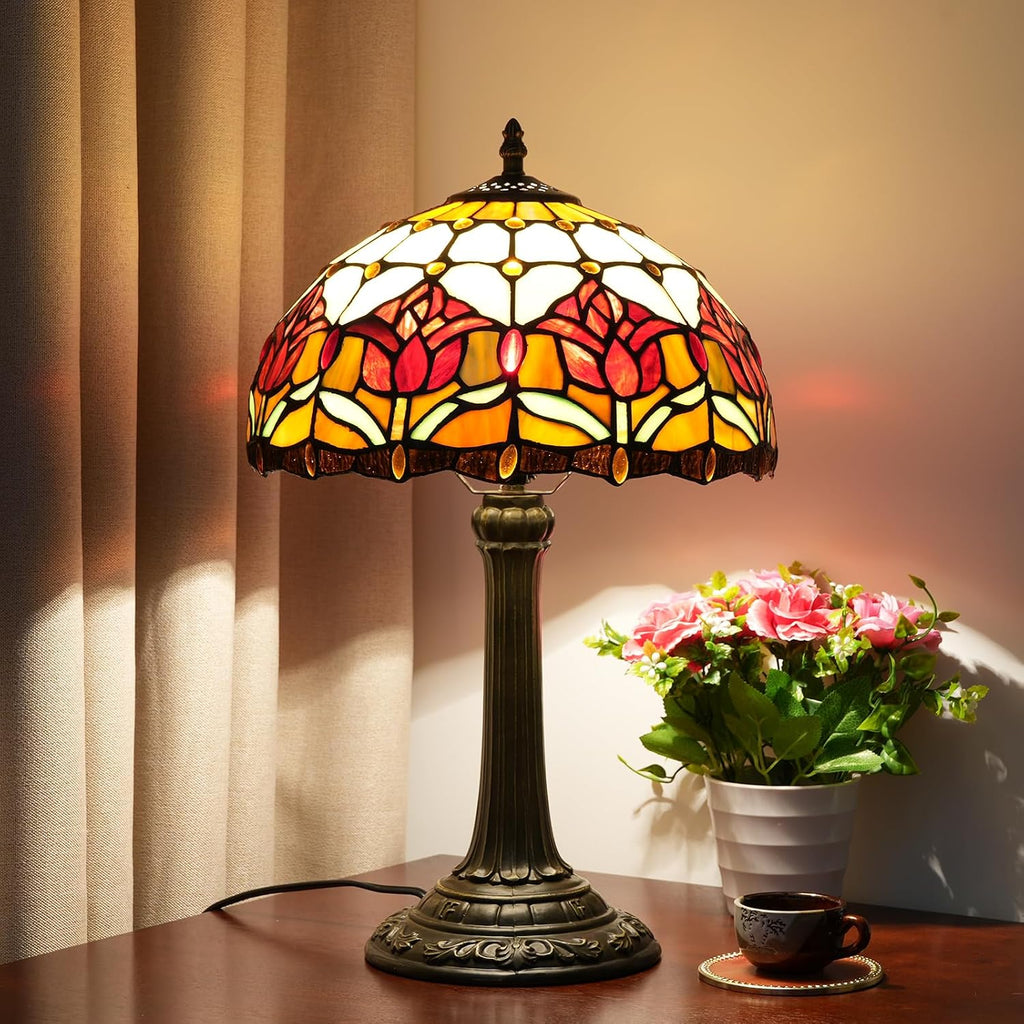 Red Tulip Tiffany Style Stained Glass Table Lamp Bed Room Bedside Reading Desk Light for Living Office Dormitory Bar Retro Unique Cute Accent Decor Cottage 12' Village Gift Nightstand Lamps