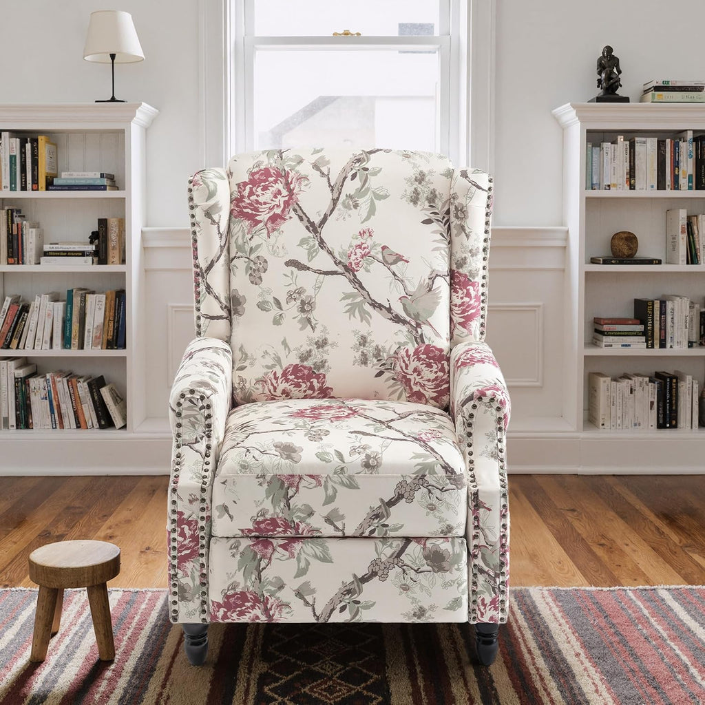 Floral Pushback Recliner Chair, Fabric Upholstered with Rivet Trim for Living Room, Home Theater Accent Club Chair - Red Floral