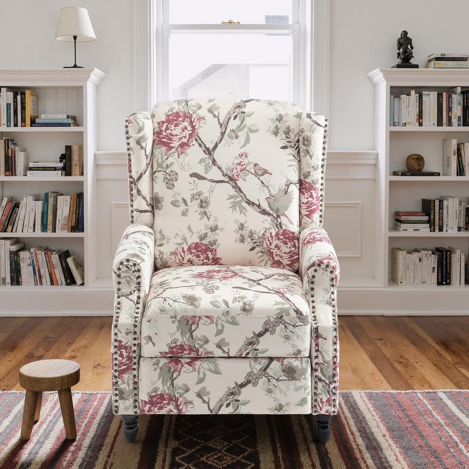 Floral Pushback Recliner Chair, Fabric Upholstered with Rivet Trim for Living Room, Home Theater Accent Club Chair - Red Floral