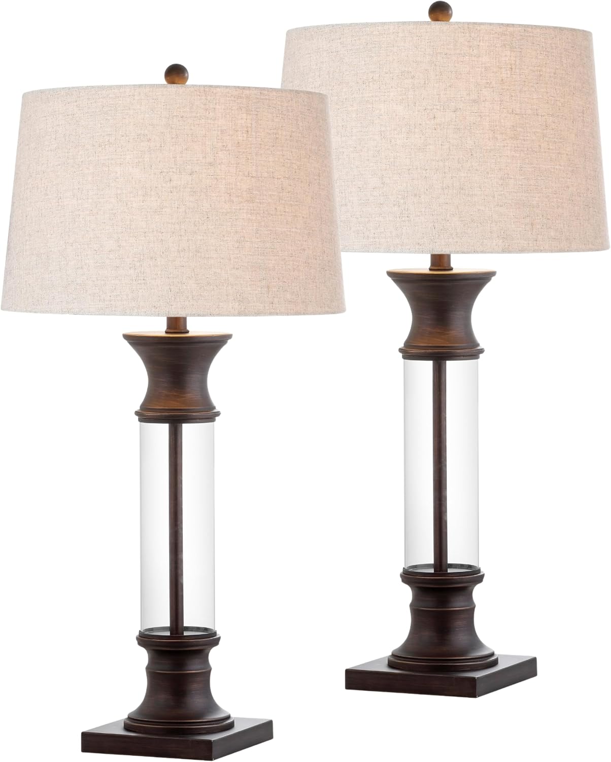 JONATHAN Y 32' Bronze and Clear Glass Table Lamp Set of 2 for Living Room, Rustic Farmhouse Bedside Nightstand Lamps with Gray Linen Drum Shade, LED Bulbs Included JYL4000A-SET2
