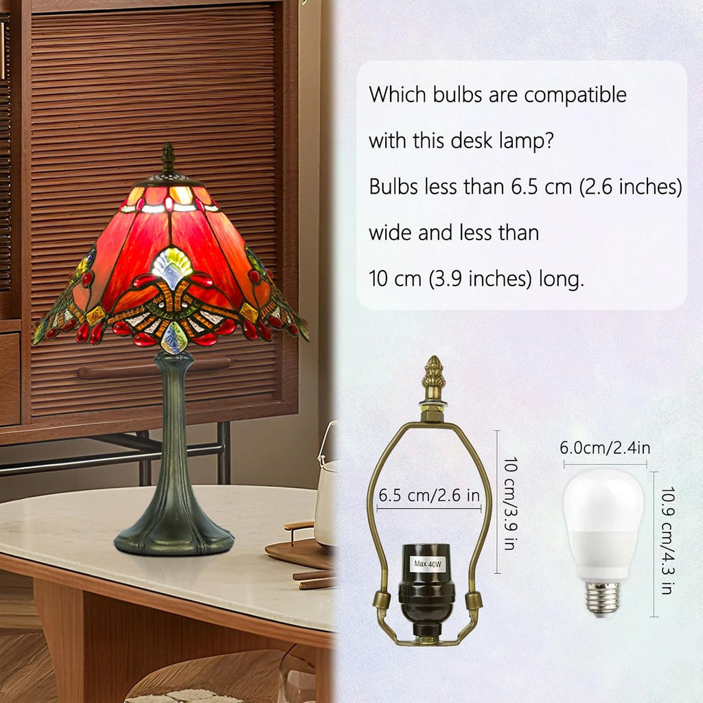 12 Inch Baroque Style Tiffany Table Lamp, Vintage Stained Glass Desk Lamp with Remote Control, 3 Color Temperature & Brightness Level for Office Home Bedroom Living (Red)
