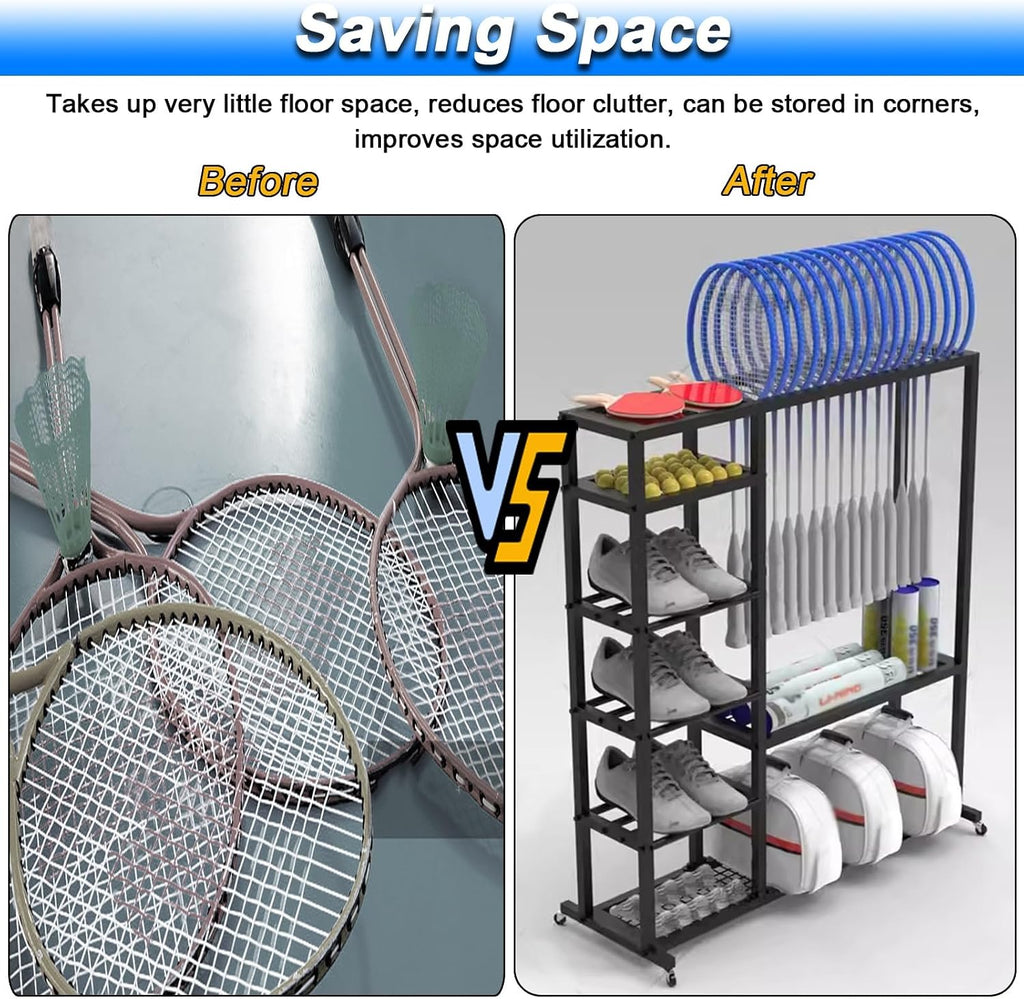 LZMZMQ Badminton Racket Display Rack with Wheels, Tennis Racquet/Ping Pong Racket Holder Storage Cart for Retail Store/Trade Show/Showcase, Garage Sports Equipment Organizer(White)