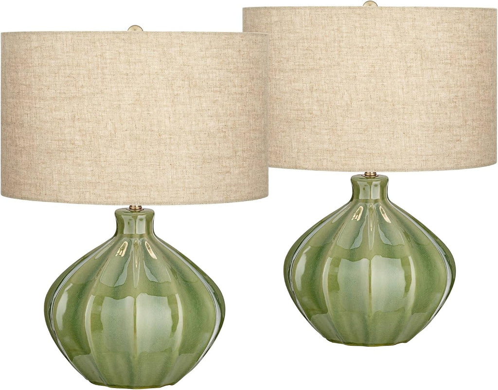 360 Lighting Gordy Mid Century Modern Accent Table Lamps 20 1/2' Tall Set of 2 Green Ribbed Ceramic Oatmeal Fabric Drum Shade for Bedroom Living Family Room Bedside Nightstand House Home